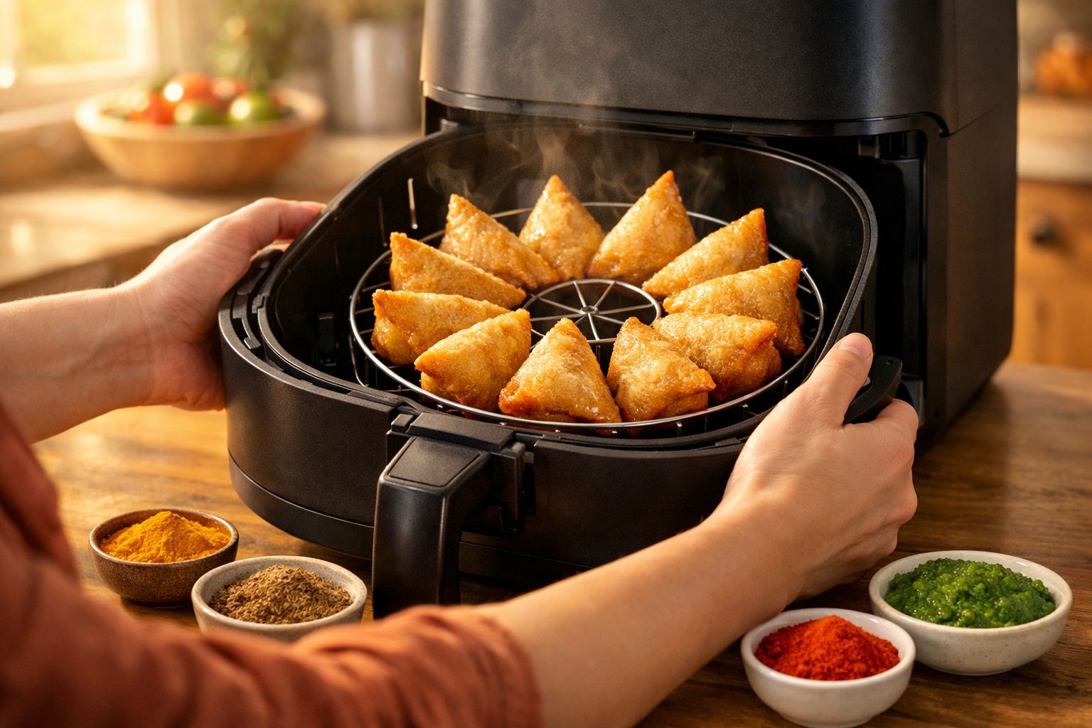 Pessoa a retirar pastéis dourados acabados de cozinhar na airfryer, com especiarias e molhos ao lado.
