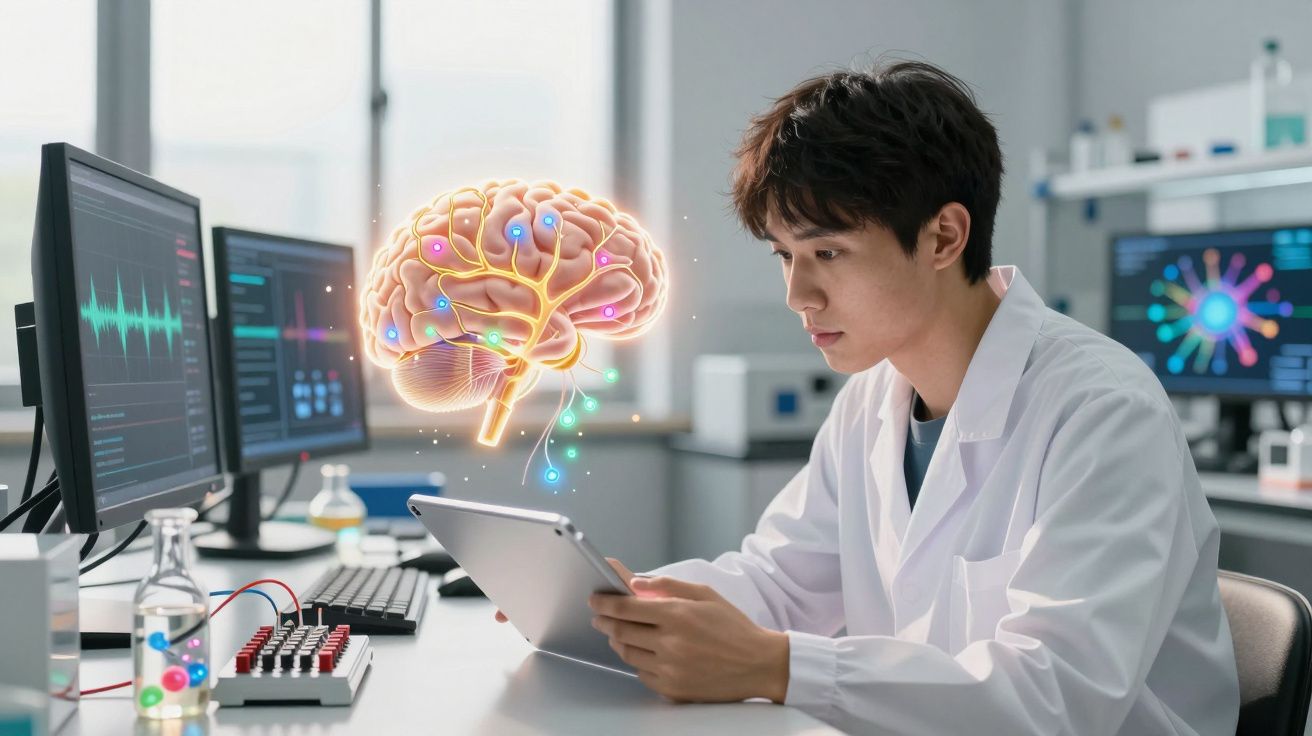 Cientista em laboratório a analisar dados num tablet com cérebro holográfico e monitores digitais à frente.