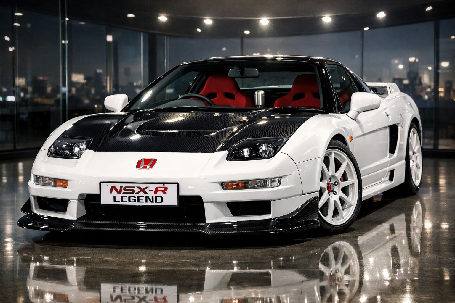 Carro desportivo Honda NSX-R branco com capô preto e interior vermelho, exibido em ambiente interior moderno.