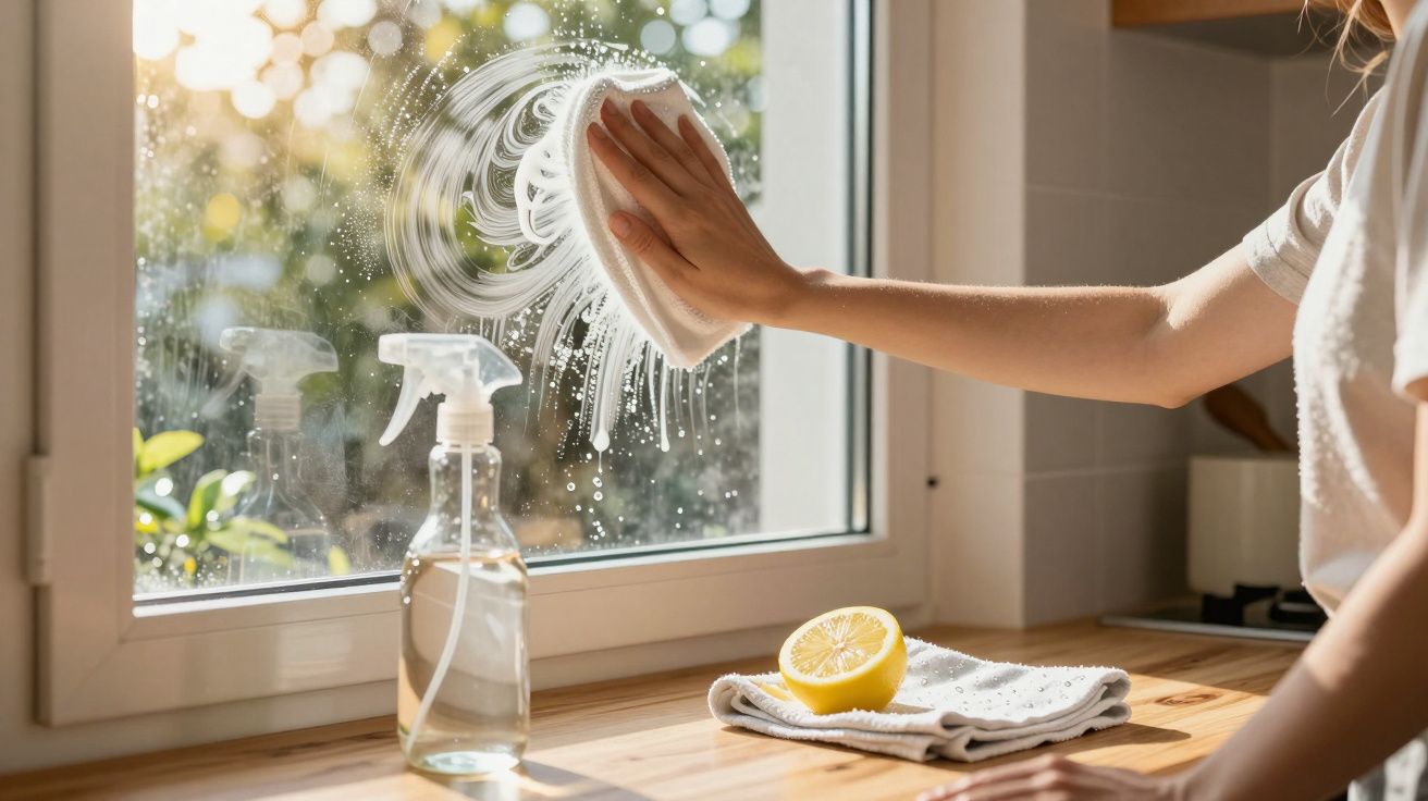 Pessoa a limpar a janela com um pano, ao lado de um pulverizador e meio limão sobre o balcão da cozinha.