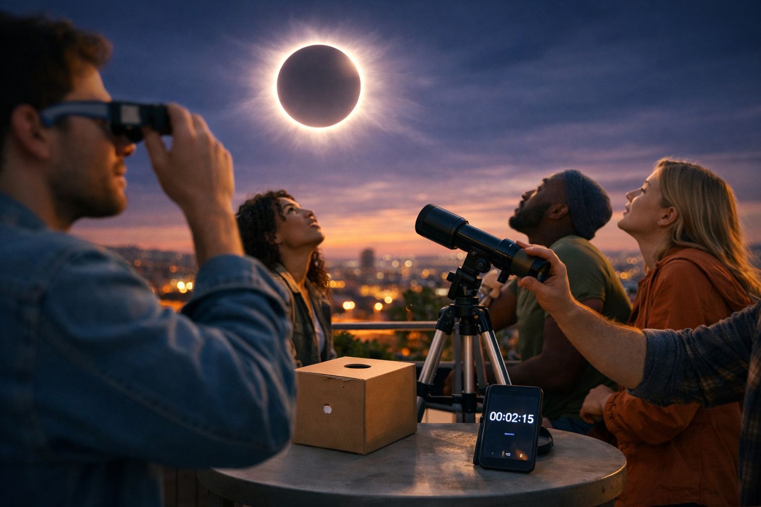 Grupo de pessoas a observar eclipse solar com telescópio e óculos de proteção ao entardecer.