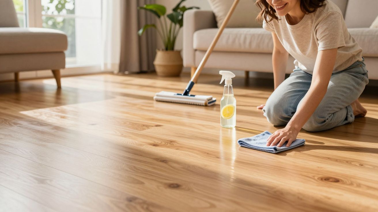 Mulher a limpar chão de madeira com pano e spray caseiro num ambiente doméstico acolhedor.