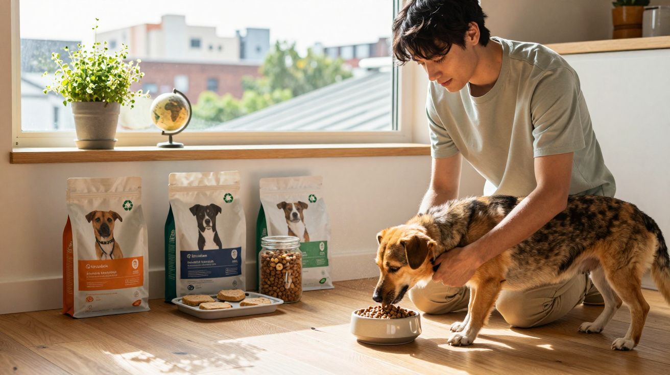 Homem alimenta cão com ração seca num prato, ao lado de três sacos de comida para cães e potes com ração.