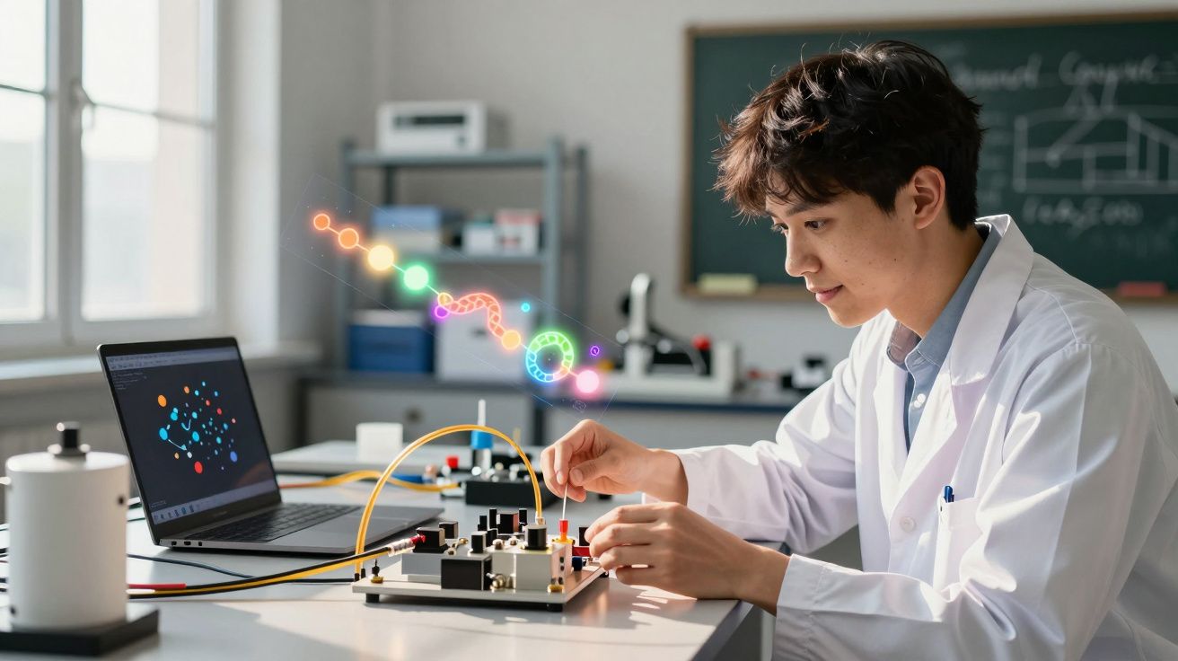 Jovem cientista asiático em laboratório a trabalhar em circuito eletrónico com gráficos digitais flutuantes.