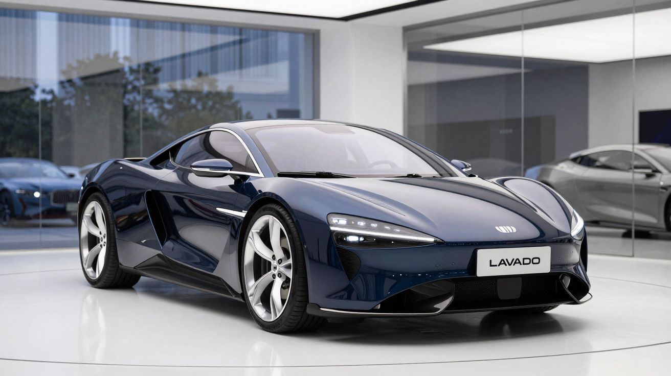 Carro desportivo azul escuro brilhante numa sala moderna com paredes de vidro e piso branco.