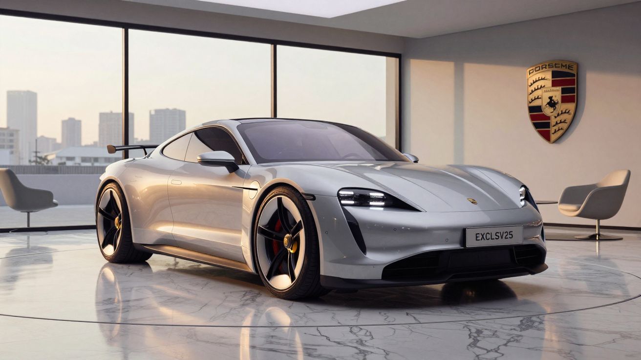 Carro desportivo prateado Porsche Taycan exposto num showroom moderno com chão de mármore.