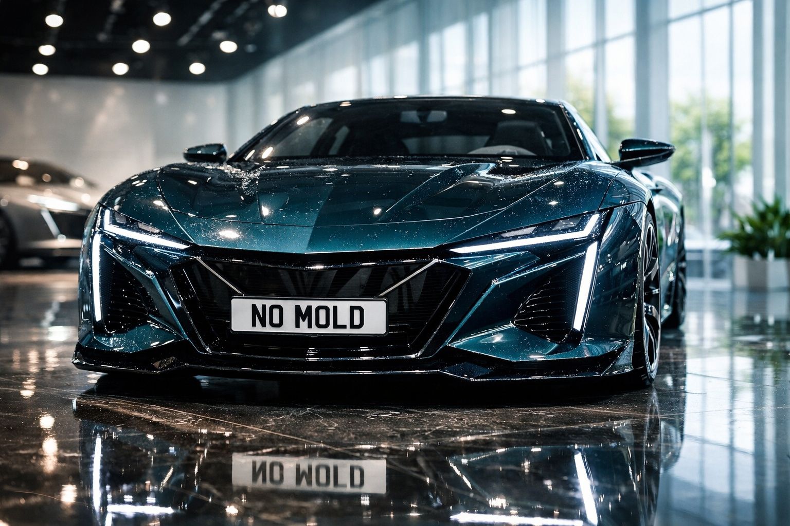 Carro desportivo elétrico moderno de cor azul escura estacionado em interior com luz natural refletida no chão polido.