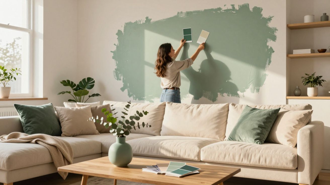 Mulher a escolher cores de tinta verde para parede numa sala com sofá creme e almofadas verdes.