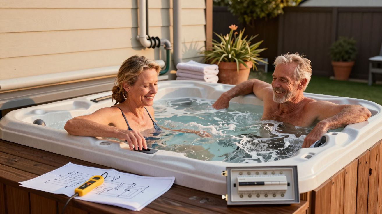 Casal sénior relaxa sorridente numa banheira de hidromassagem ao ar livre durante o pôr do sol.