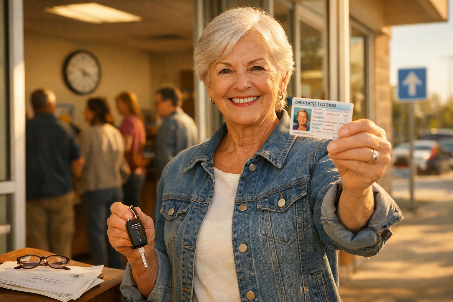Mulher idosa sorridente a mostrar carteira de motorista e chaves de carro, com pessoas em fundo desfocado.