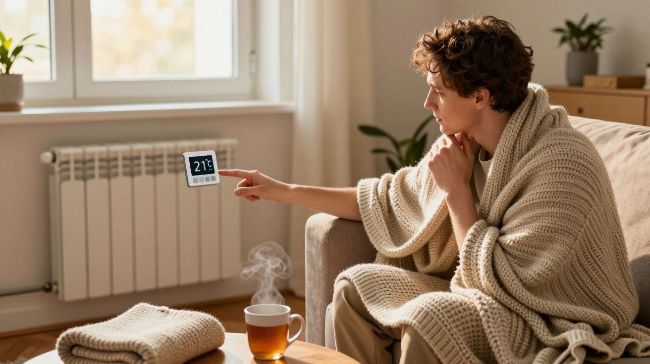 Pessoa coberta com manta ajusta termóstato digital a 21°C numa sala com chá quente a fumegar.