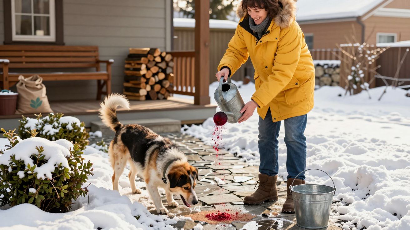 Pessoa de casaco amarelo a deitar líquido vermelho numa calçada exterior com neve, junto a um cão.