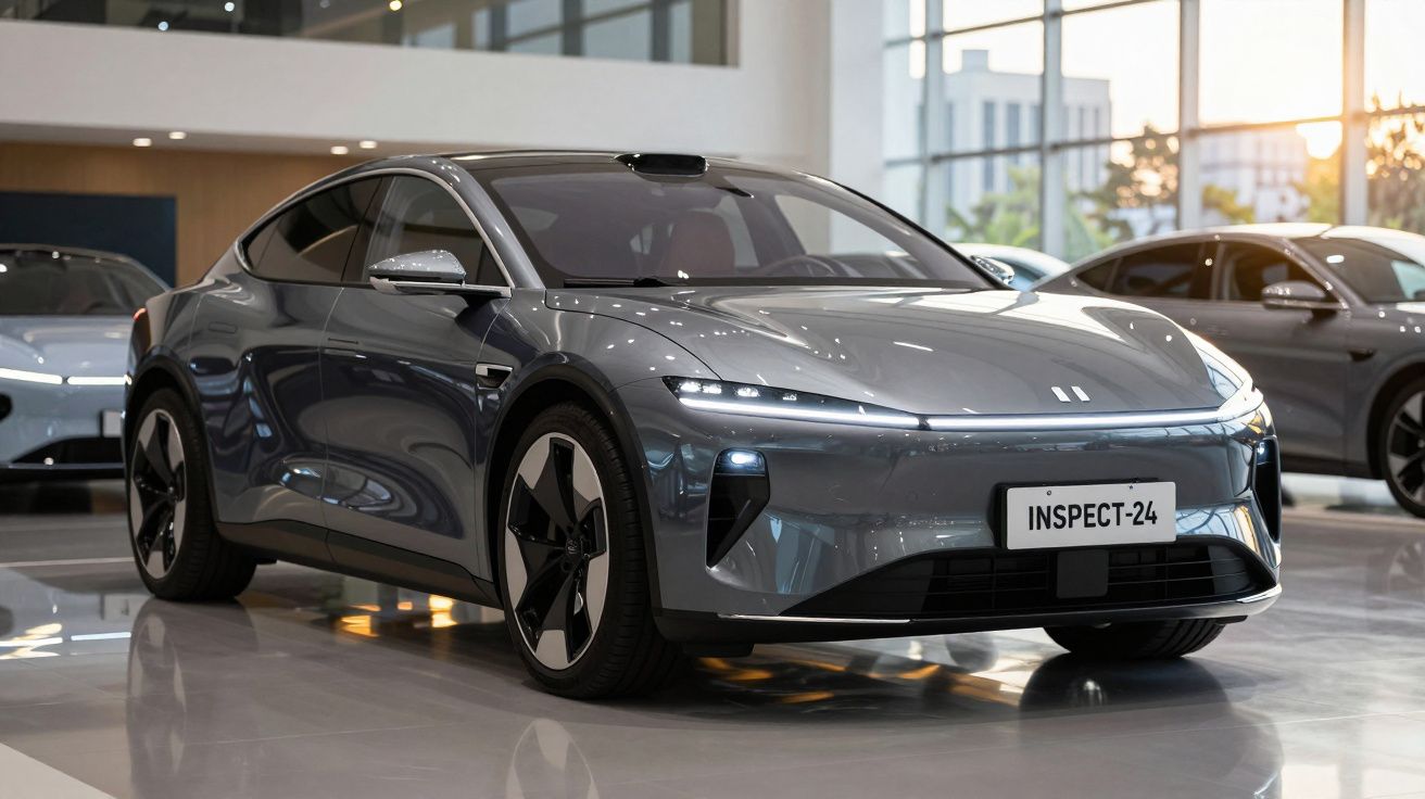 Carro elétrico cinza escuro com design moderno exibido numa loja com chão refletor.