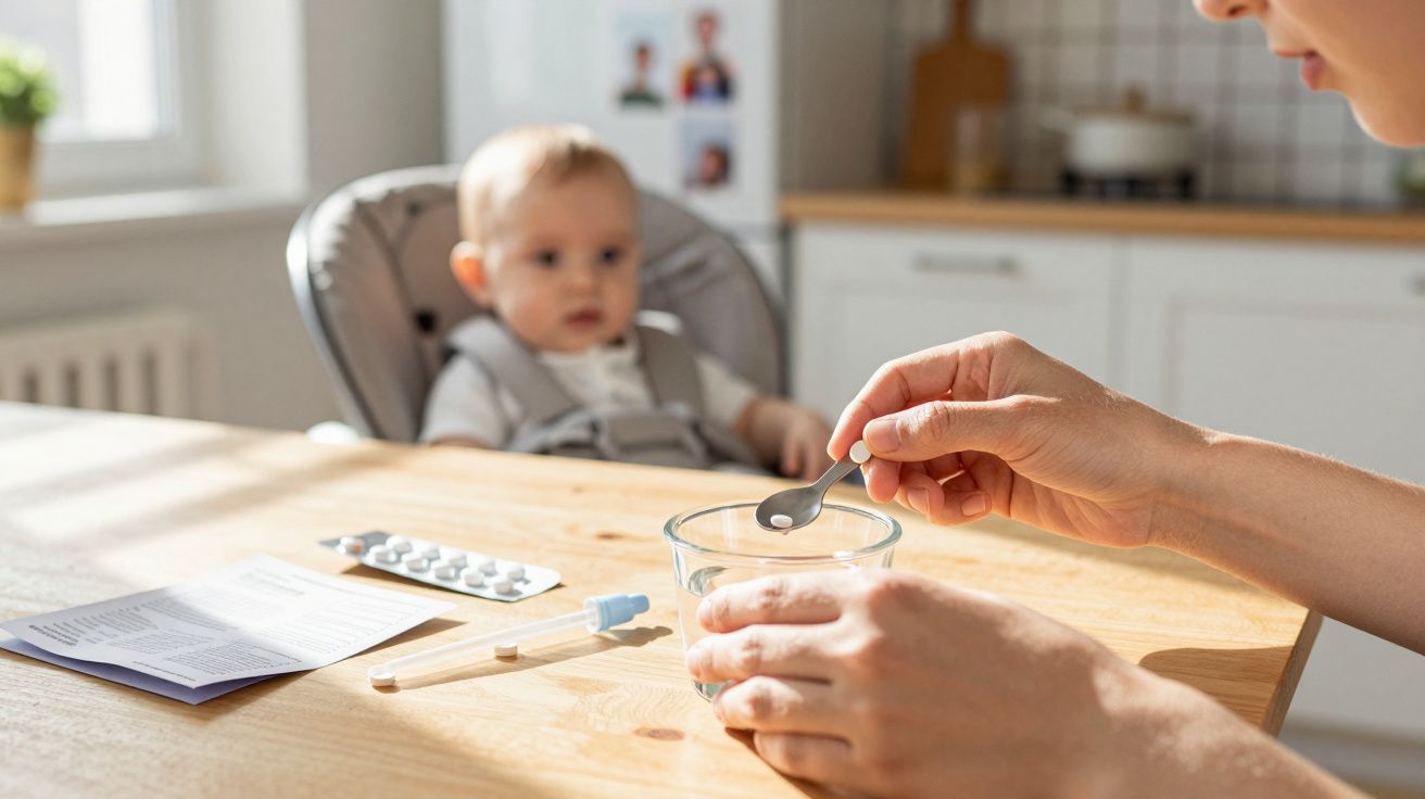 Bebé na cadeira de refeições com adulto a preparar medicamento num copo de água na cozinha.