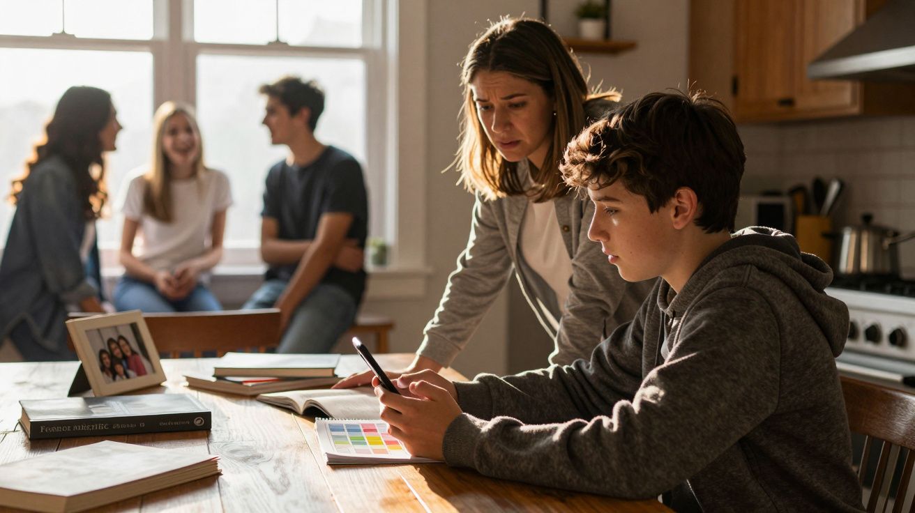 Jovem a usar telemóvel numa cozinha enquanto uma mulher o observa, com três pessoas a conversar ao fundo.