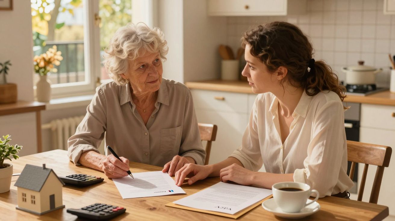 Mulher jovem e idosa sentadas à mesa discutindo documentos financeiros numa cozinha iluminada.