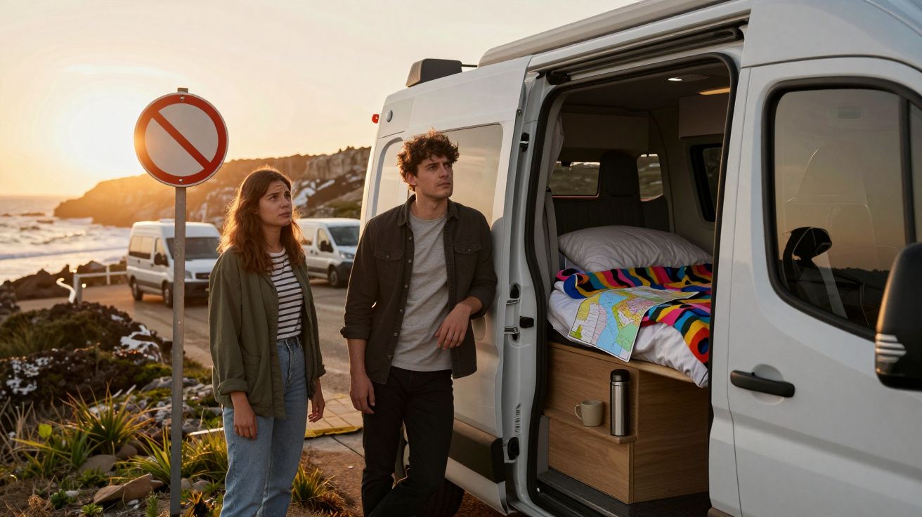 Casal jovem junto a uma carrinha de campismo branca numa estrada costeira ao pôr do sol.