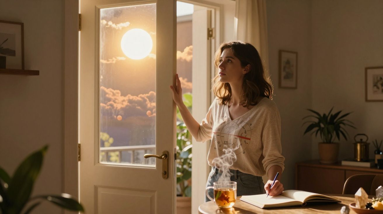 Mulher observa o pôr do sol na varanda enquanto escreve num caderno com chá quente à mesa.