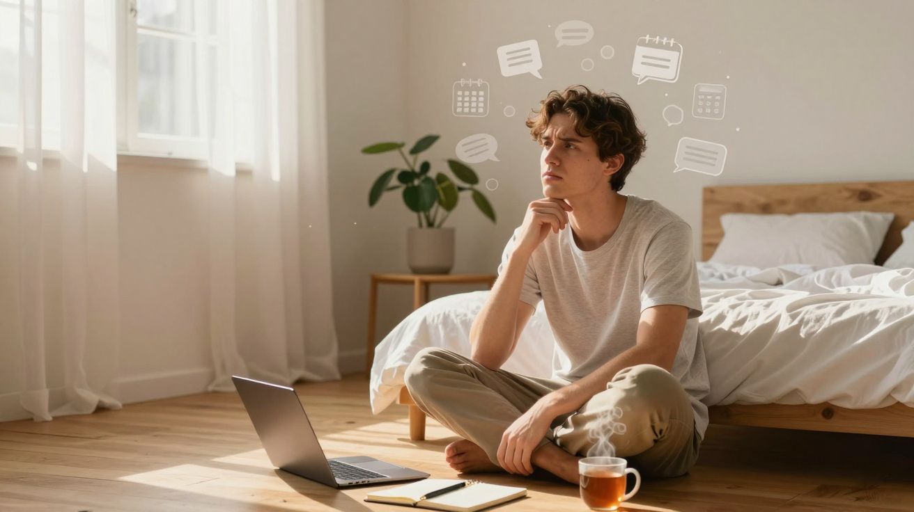 Homem sentado no chão do quarto a pensar, com laptop, caderno e chá à frente, rodeado de ícones digitais.