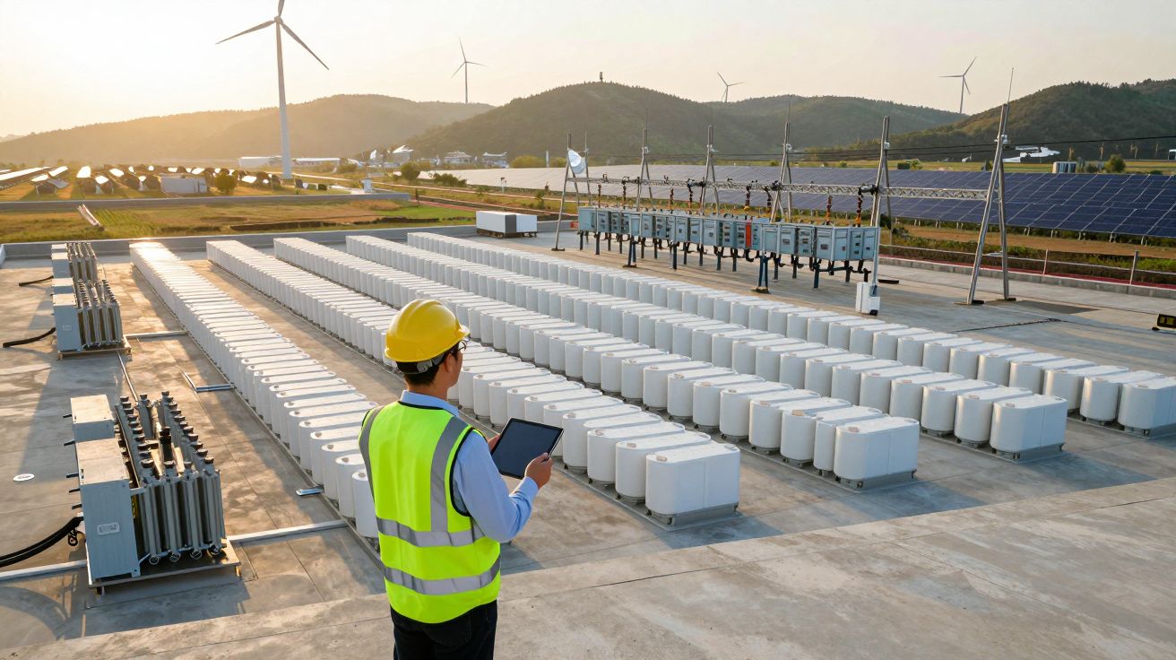 Engenheiro com capacete e colete verifica baterias de armazenamento de energia em central solar com turbinas eólicas ao fundo