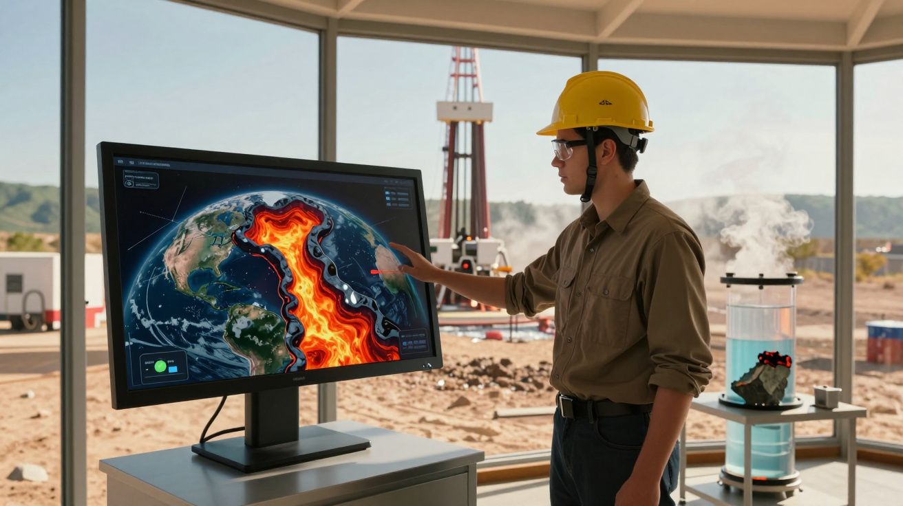 Homem com capacete a analisar mapa digital de atividade vulcânica numa sala com janelas grandes.