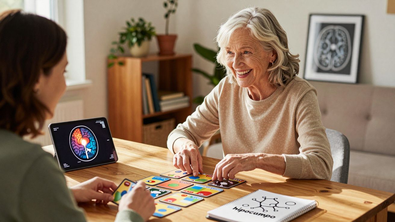 Mulher idosa a sorrir enquanto joga jogo de cartas com terapeuta numa mesa com tablet mostrando imagem do cérebro.