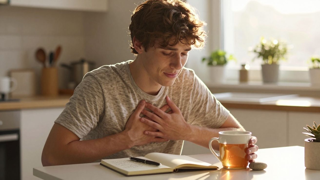 Jovem sentado à mesa de cozinha, segurando o peito com uma mão e uma caneca de chá com a outra.