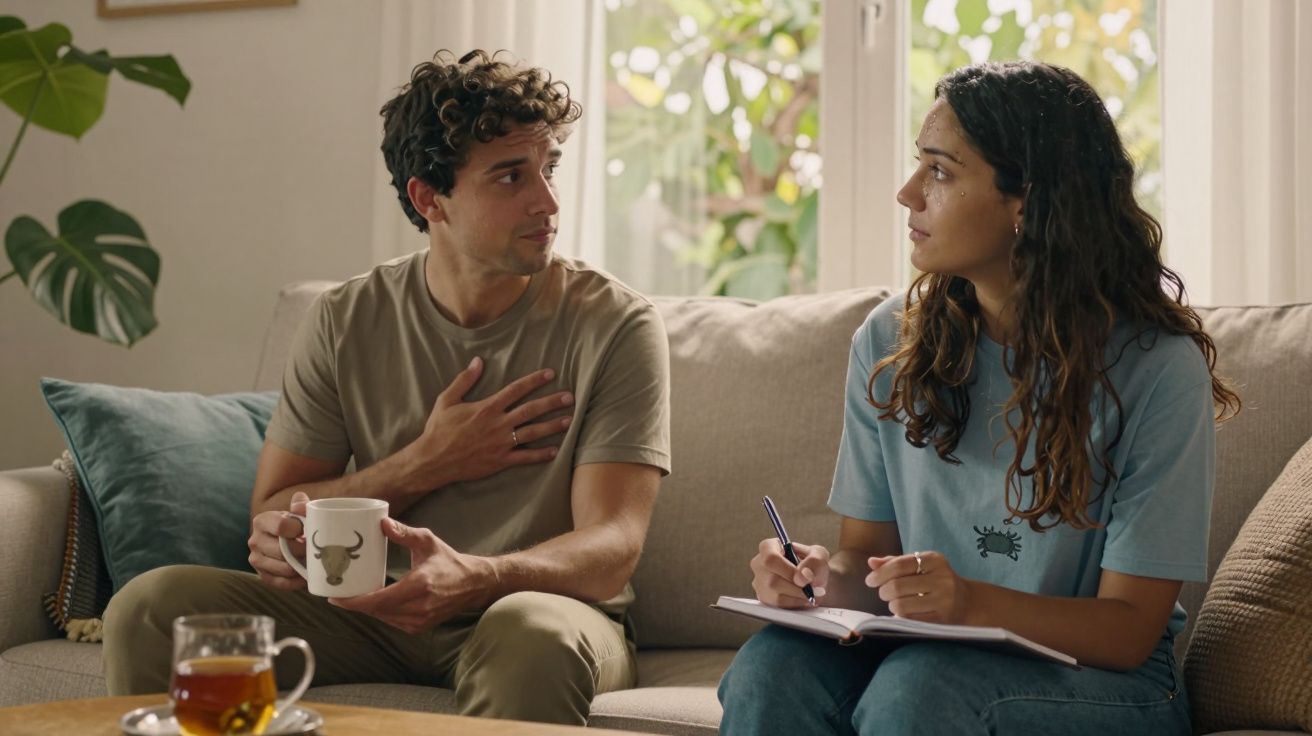 Homem e mulher sentados no sofá, ele com chá e ela a escrever num caderno durante conversa.