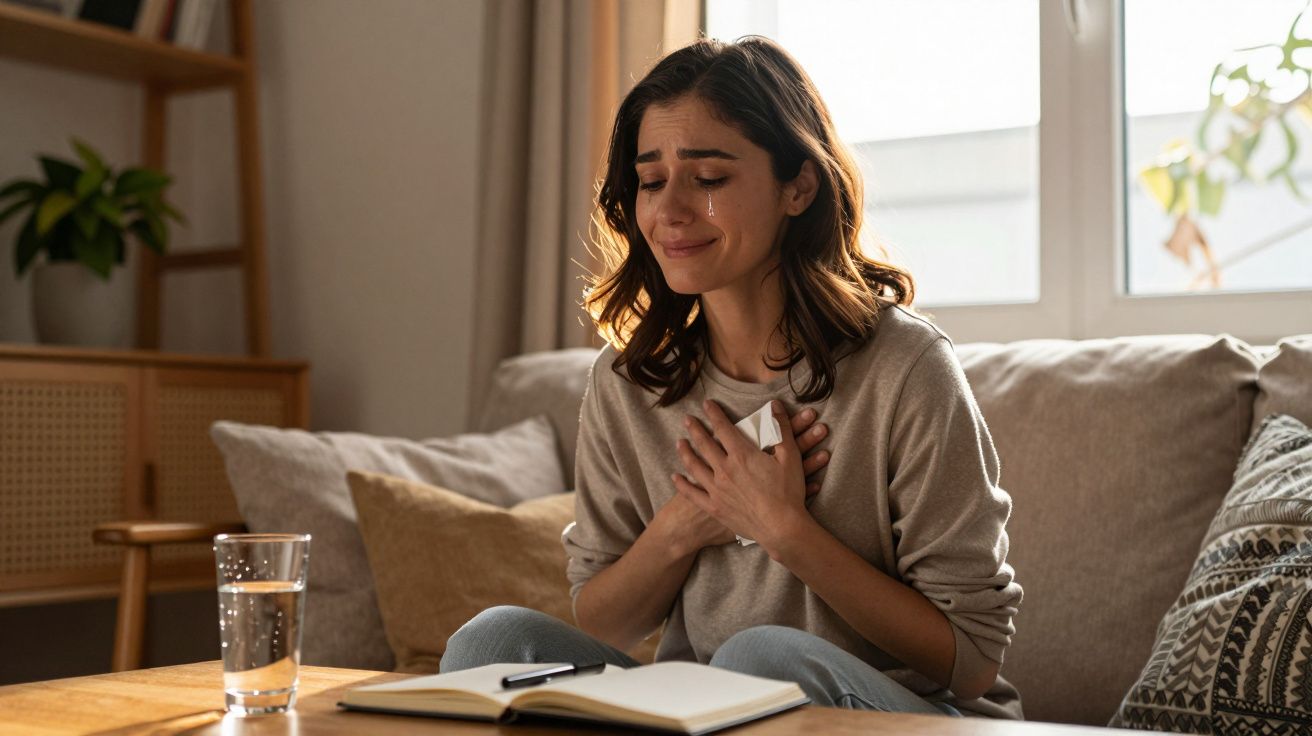 Mulher sentada no sofá a chorar, segurando um lenço, com um livro aberto e um copo de água à frente.