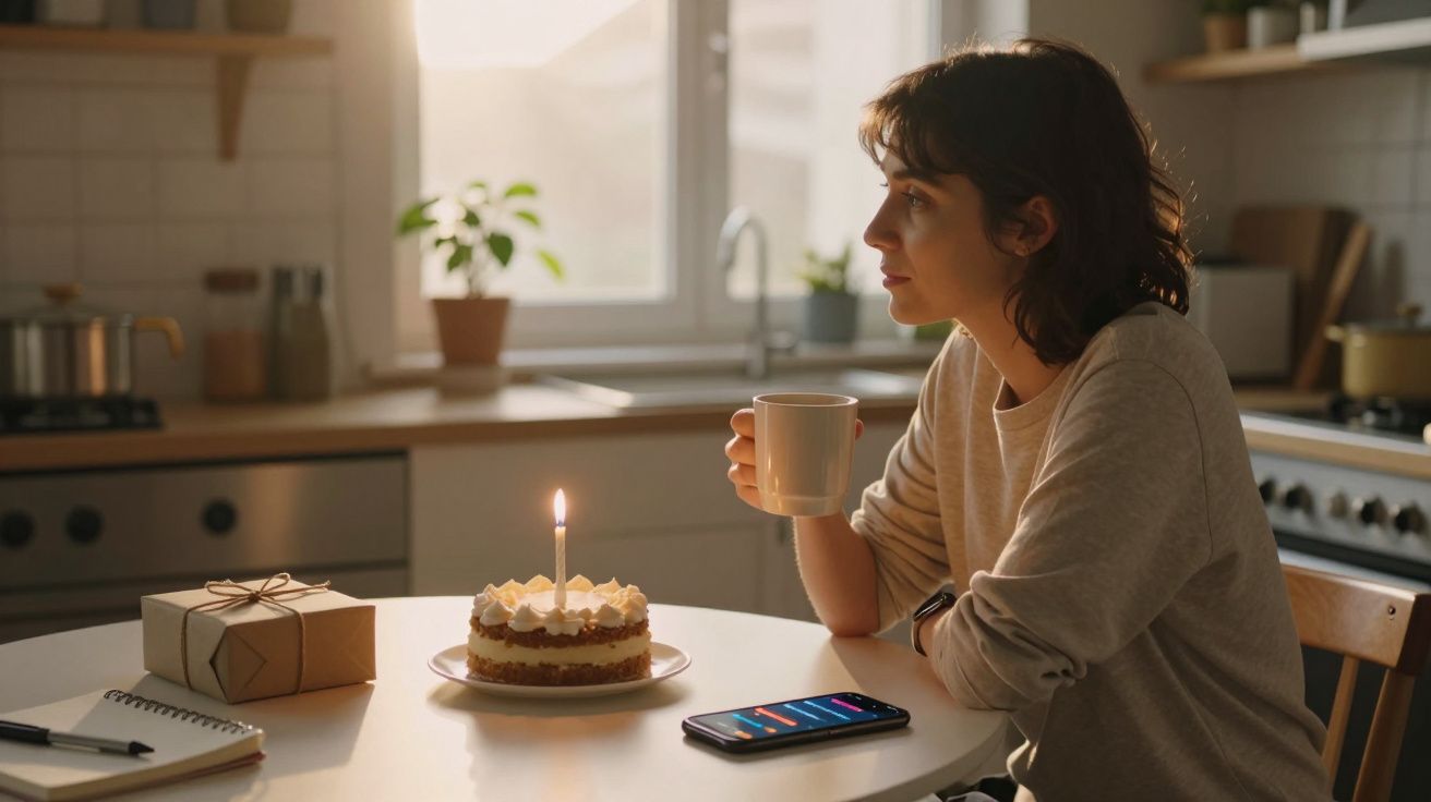 Mulher sentada à mesa na cozinha, com bolo de aniversário e vela acesa, a beber de caneca branca.