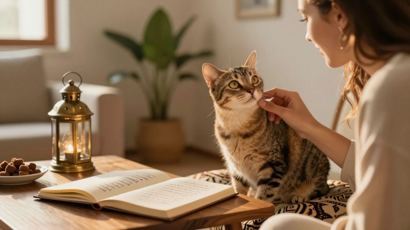 Mulher acaricia gato sentado numa mesa com livro aberto e lanterna em sala acolhedora.