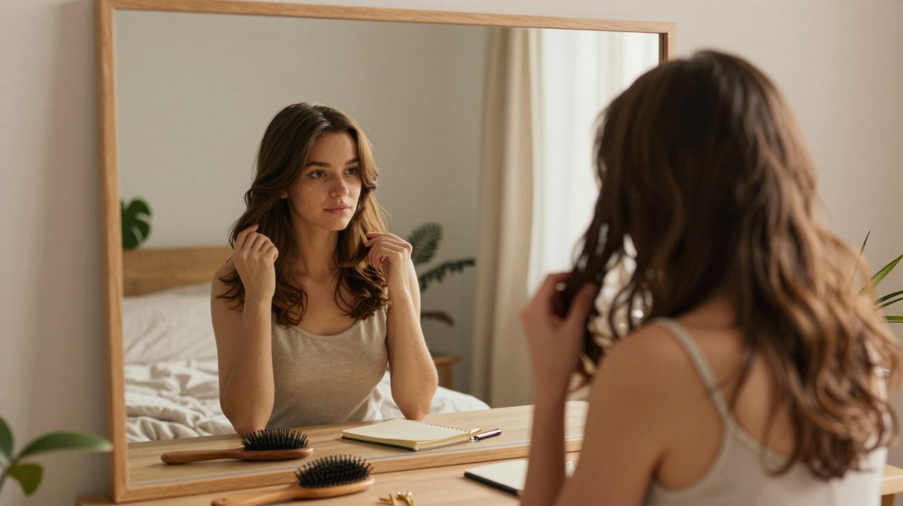Mulher sentada em frente a um espelho, penteando o cabelo num quarto com decoração simples.