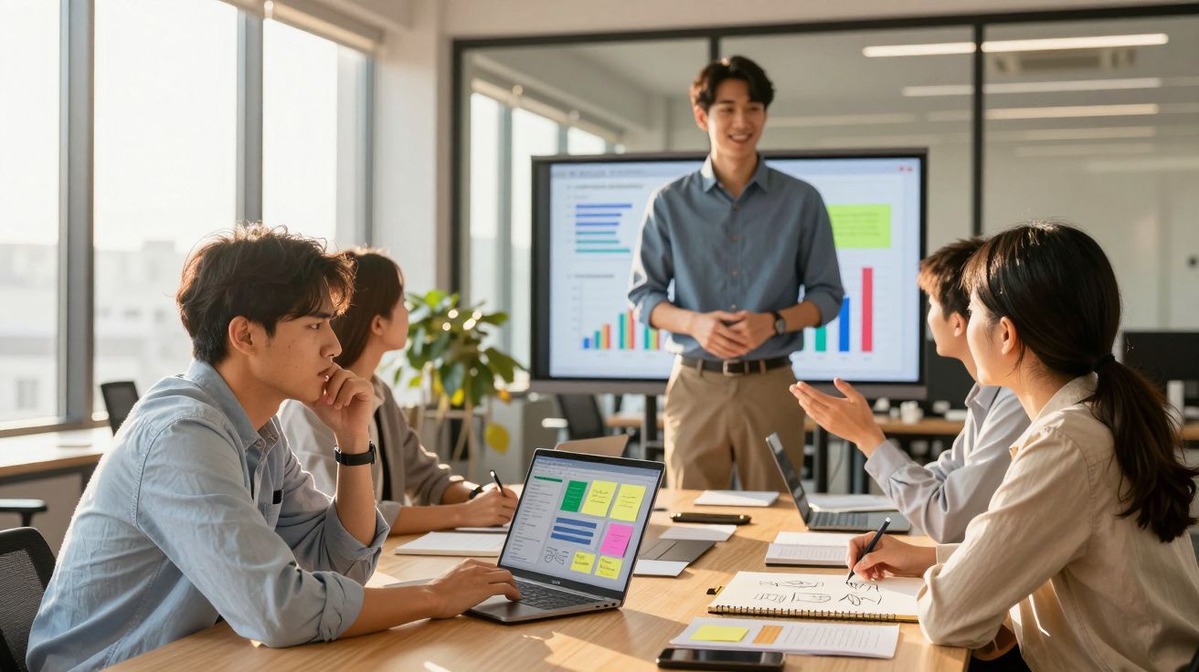 Grupo de jovens profissionais a discutir um projeto numa reunião com gráficos num ecrã e laptops numa sala luminosa.