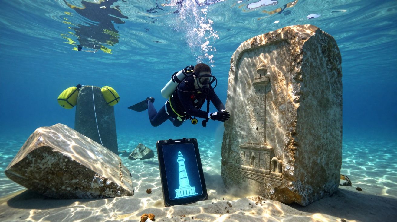 Mergulhador examina esculturas de faróis submersas, com tablet a mostrar imagem digital de um farol.