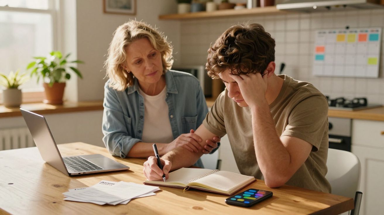 Mulher apoia jovem preocupado que escreve num caderno, à mesa com computador portátil e telemóvel à frente.