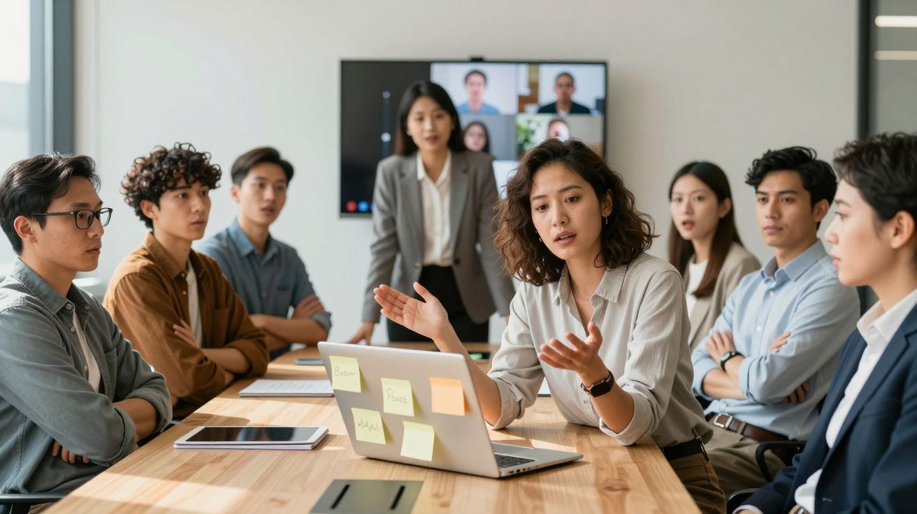 Grupo de jovens em reunião de trabalho com laptop e videoconferência em ambiente de escritório moderno.