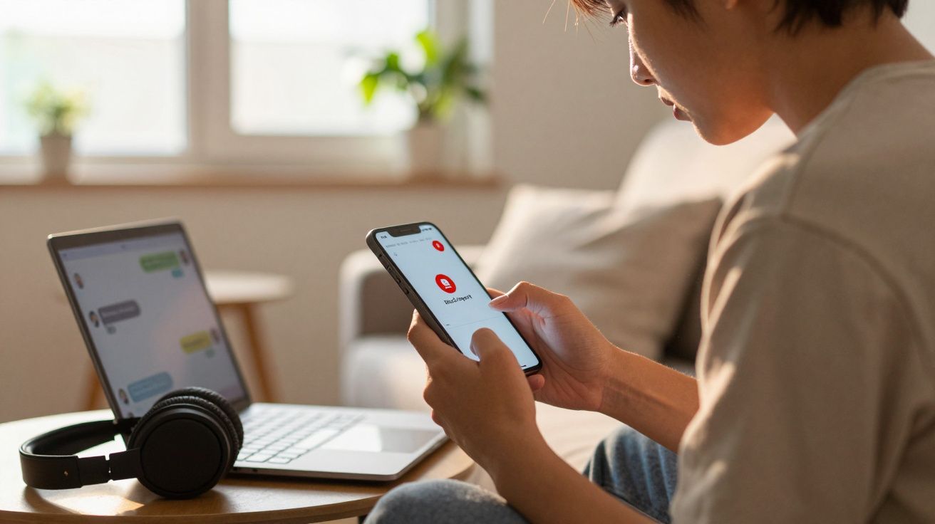 Pessoa a usar telemóvel sentada junto a uma mesa com portátil e auscultadores numa sala luminosa.