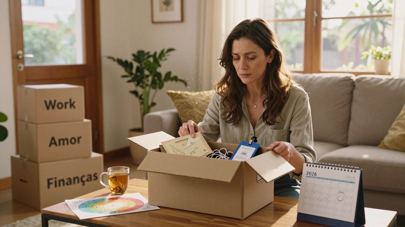 Mulher sentada na sala a guardar objetos numa caixa de cartão com caixas rotuladas ao lado.