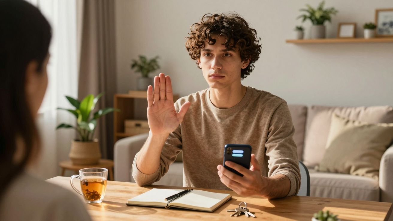 Jovem sentado à mesa com telemóvel na mão, a levantar a mão em sinal de paragem.