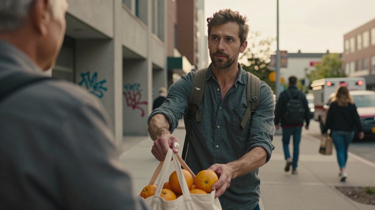 Homem com mochila entrega saco de frutas a pessoa idosa numa rua urbana movimentada.