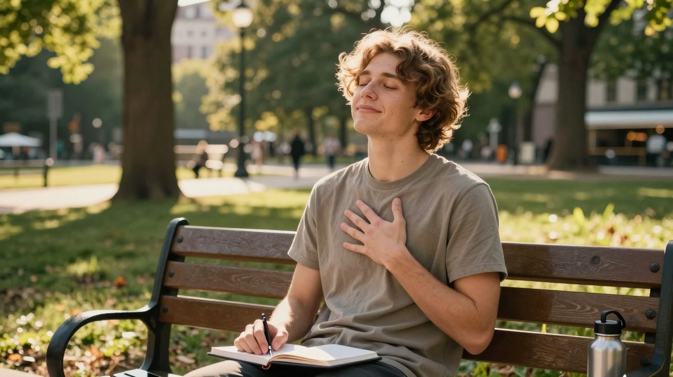 Jovem sentado num banco de parque a escrever num caderno, com expressão de contentamento e olhos fechados.