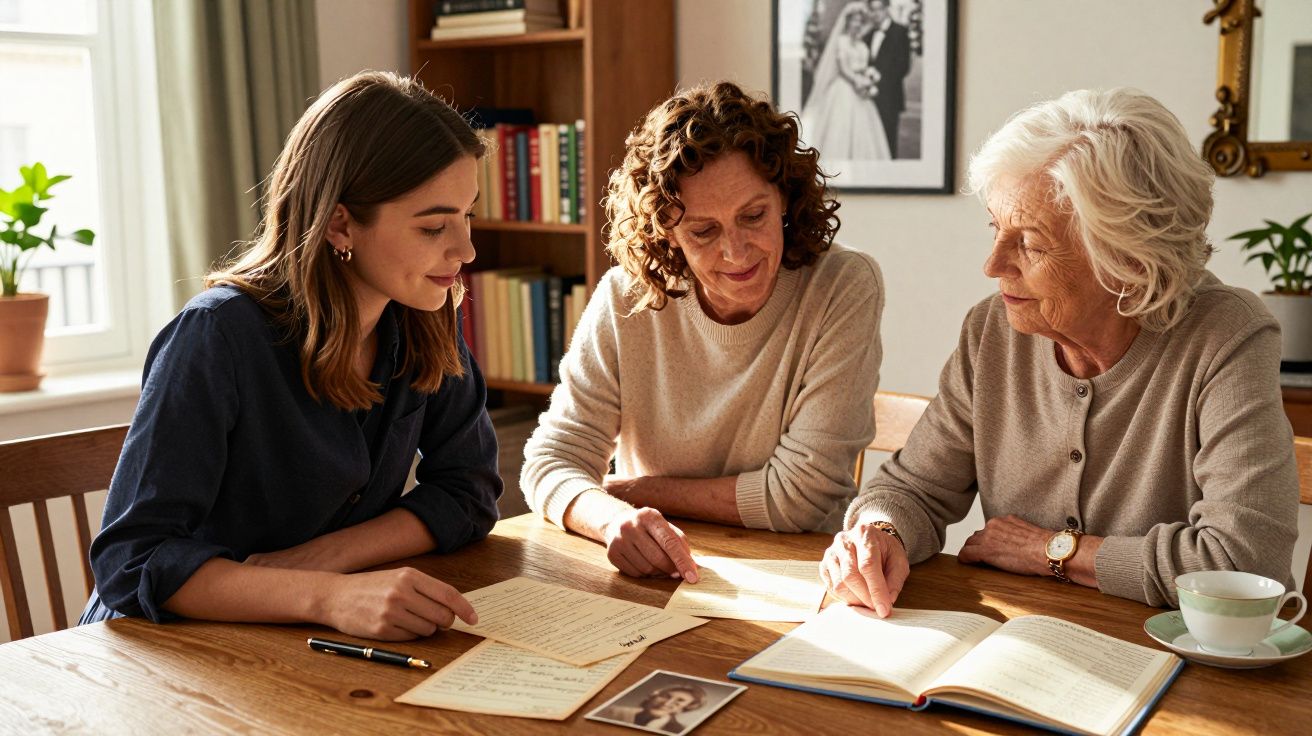 Três mulheres de idades diferentes sentadas à mesa a ler cartas e fotografias antigas numa sala iluminada.
