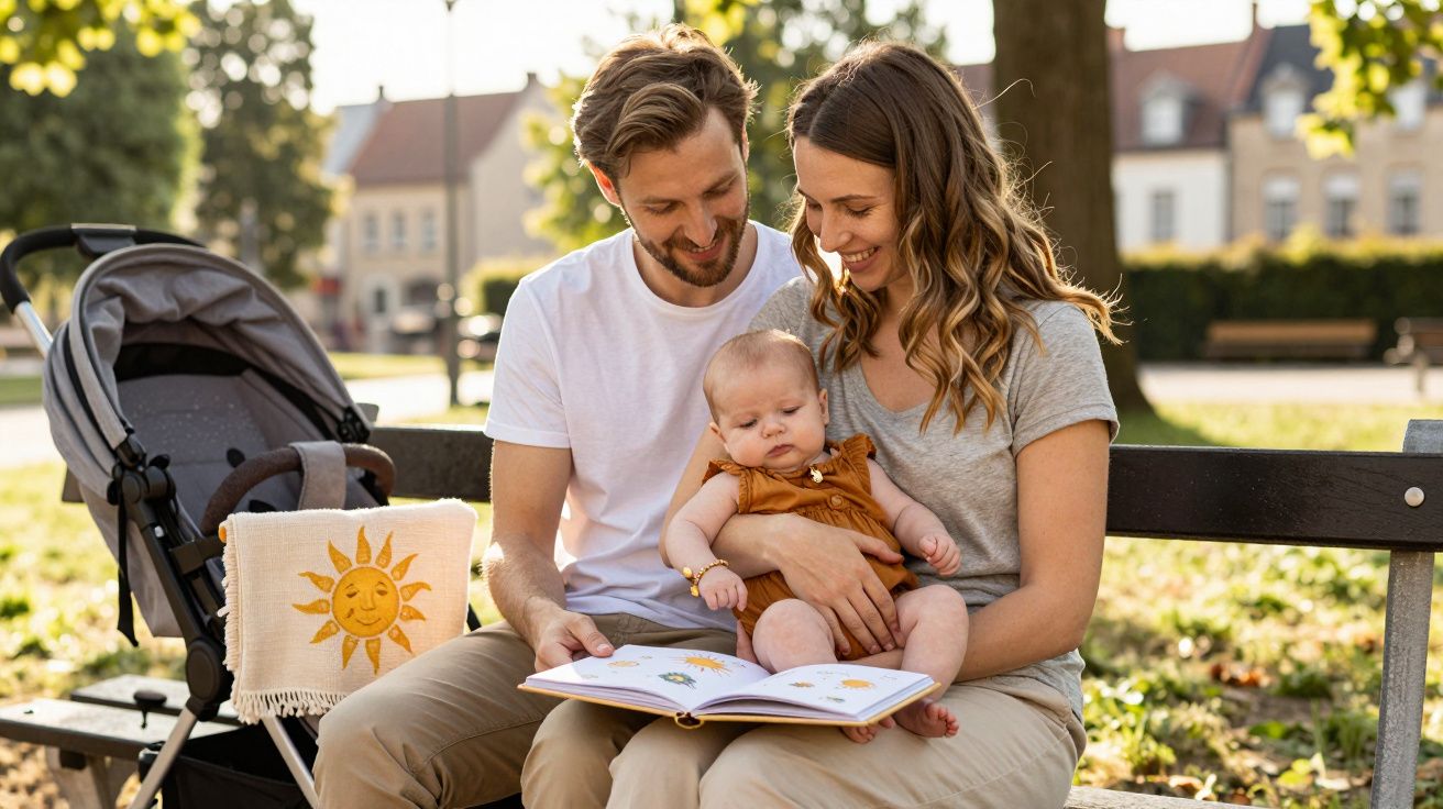 Casal sentado num banco de parque a ler um livro para o bebé ao colo, com carrinho ao lado.