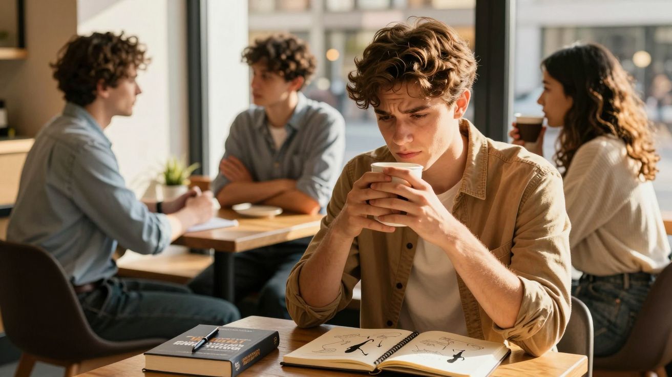 Jovem sentado numa mesa a beber café e a olhar para um caderno de desenho num café com outras pessoas ao fundo.