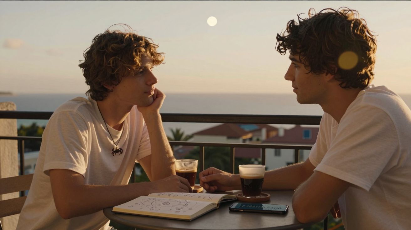 Dois jovens sentados numa esplanada ao pôr do sol, com café e um caderno aberto na mesa.