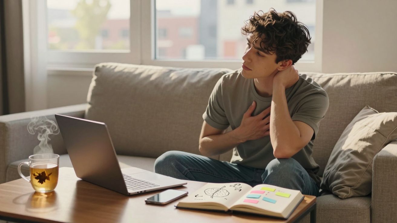 Homem sentado no sofá, com portátil à frente e notebook aberto numa mesa de café com chá a vapor.