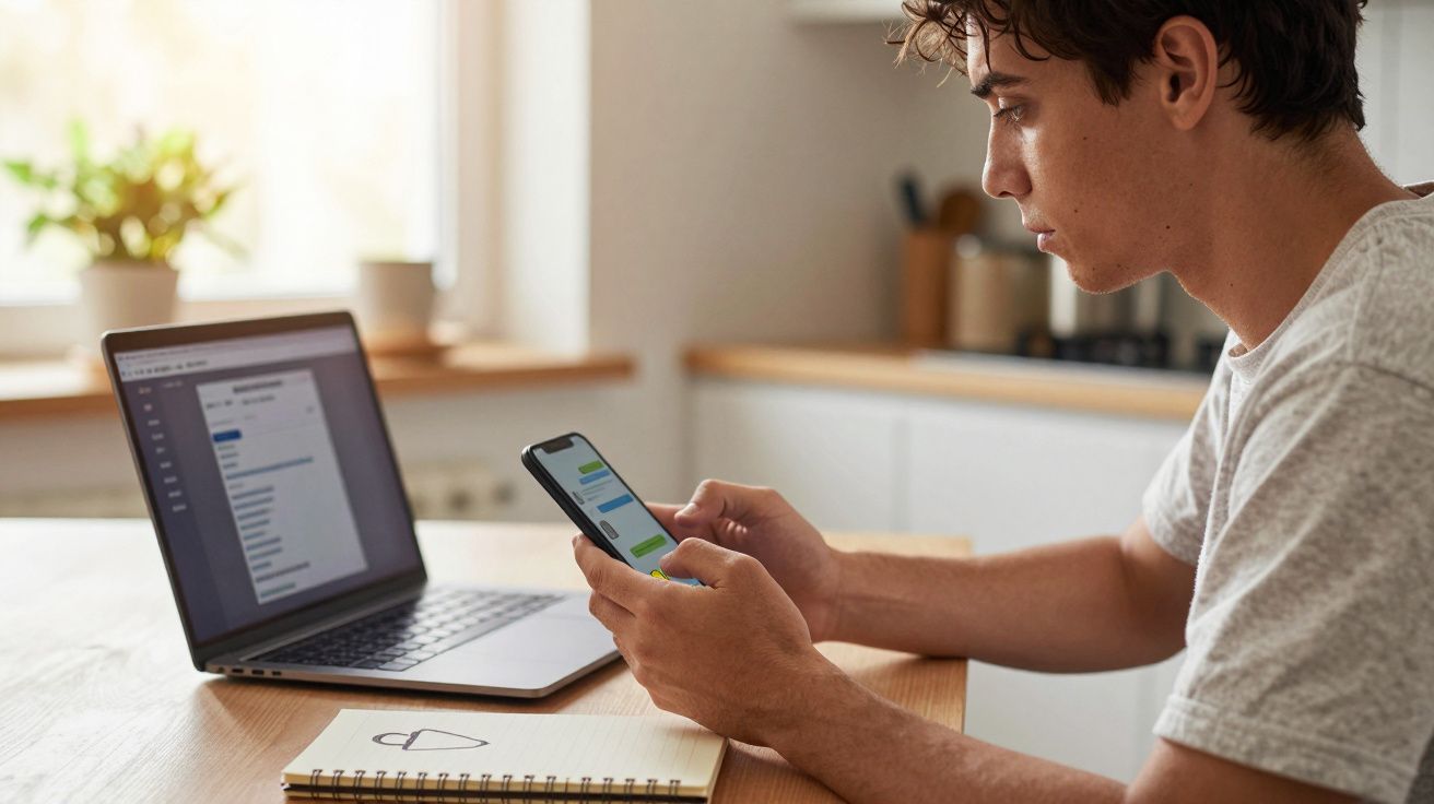 Jovem sentado à mesa a olhar para mensagens no telemóvel, com computador portátil aberto à frente.