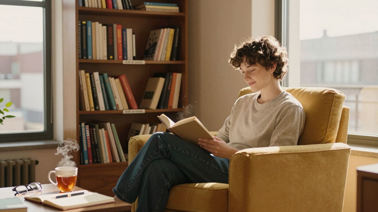 Pessoa sentada numa poltrona amarela a ler um livro num ambiente luminoso com chá quente ao lado.