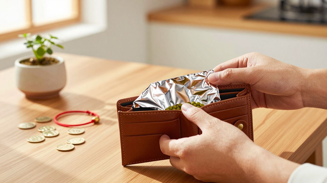 Mãos a abrir carteira castanha com papel de alumínio e ervilhas dentro, em mesa de madeira com moedas e planta.