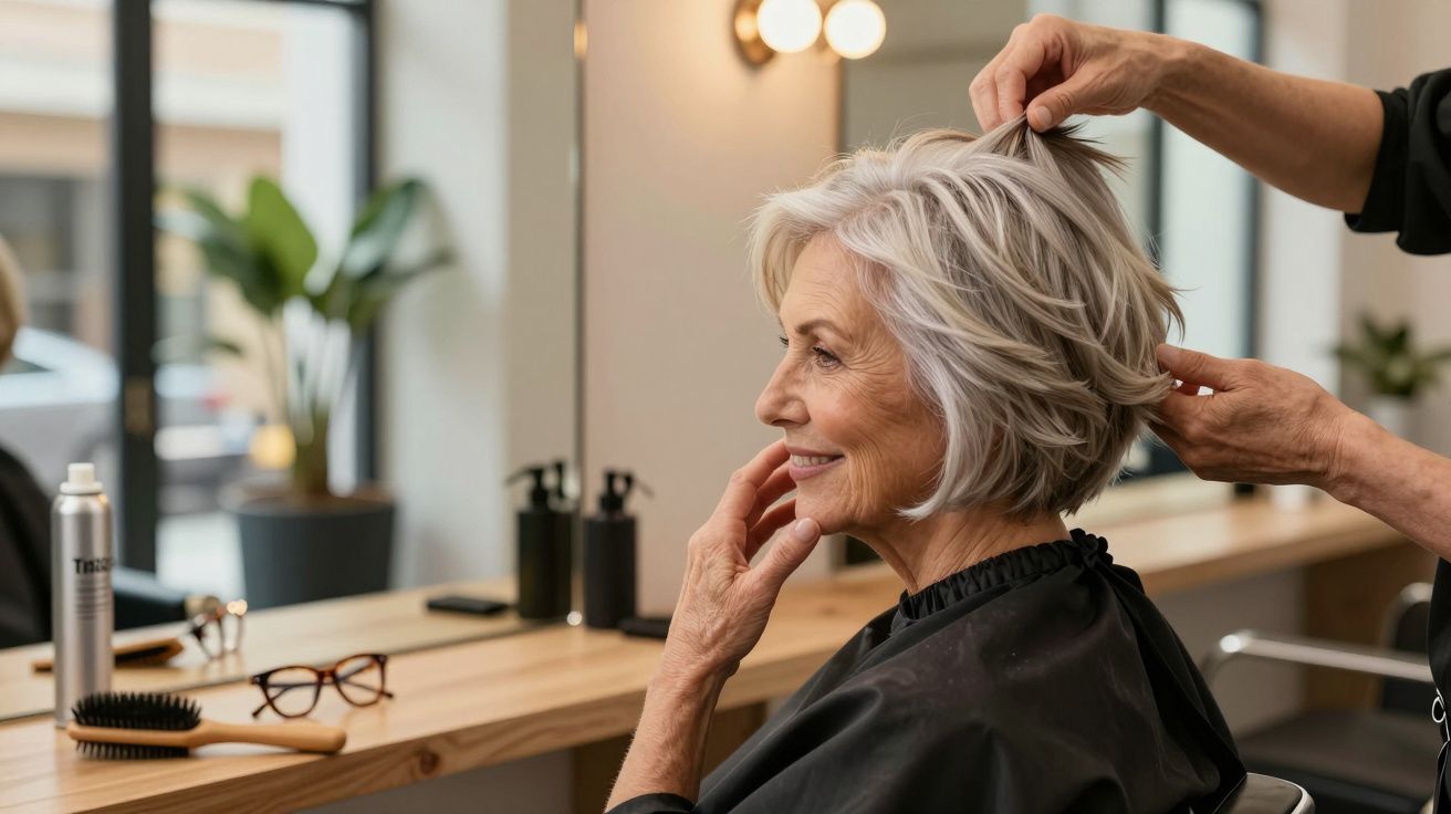 Mulher idosa sorridente a ser penteada num salão de cabeleireiro moderno.